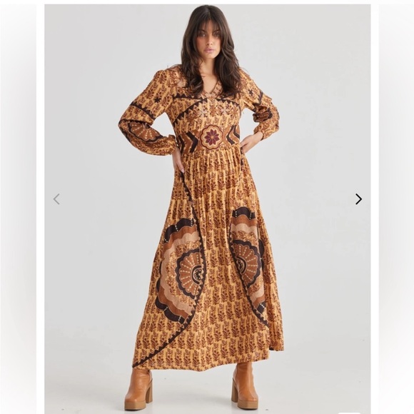 NWT Talisman Sitara Long Bishop Sleeve Golden Floral Bohemian Maxi Dress - Picture 1 of 16
